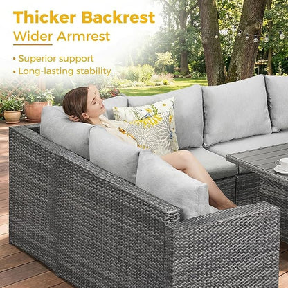 Wisteria Lane 7 Piece Patio Furniture Set, Wicker Patio Sectional with Wide Armrest, All Weather Outdoor Dining Set, Outdoor Furniture Patio Conversation Set with Ottoman, Ash Gray