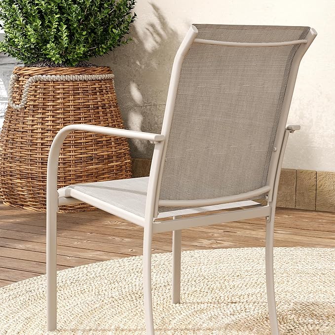 VICLLAX 5 Pieces Patio Dining Set, Outdoor Furniture Set Includes 37.8" Square Outdoor Table and 4 Stackable Patio Sling Chairs, Grey Wood-Like Tabletop and Sandshell Color Fabric