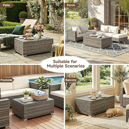 ONBRILL Outdoor Coffee Table with Storage, Rattan Storage Coffee Table with Internal Waterproof Bag, Low Side Table for Patio, Porch, Backyard, Poolside - Brown