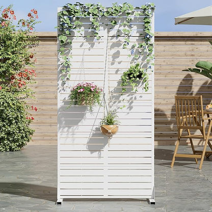 Casaphoria Metal Privacy Screen Outdoor, 72" H x 35" W Freestanding Decorative Privacy Screen for Patio Deck Balcony Garden with Stable Base, White-Louvered