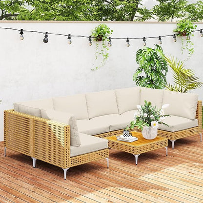 Outsunny 7 Piece Wicker Patio Furniture Set, Modular Outdoor Sectional with Thickened Cushions, Rattan Outdoor Furniture Conversation Set with Slatted Acacia Wood Table for Backyard, Khaki/Beige