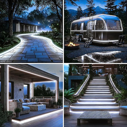 DBFAIRY 50Ft Solar LED Strip Lights Outdoor, Large Capacity Solar Powered Flexible Tape Lights with Remote Dimmable 8 Lighting Modes for Patio Pool Camping Decor, 6000K Cool White