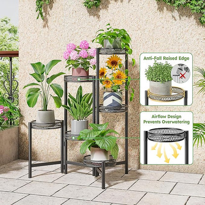 6 Tier Large Plant Stand Indoor with 7.9-Inch Wide Drainage Tray, Tiered Corner Metal Outdoor Flower Display Holder Shelf, Folding Tall Rack for House Patio Porch Balcony Graden - BlackFlower