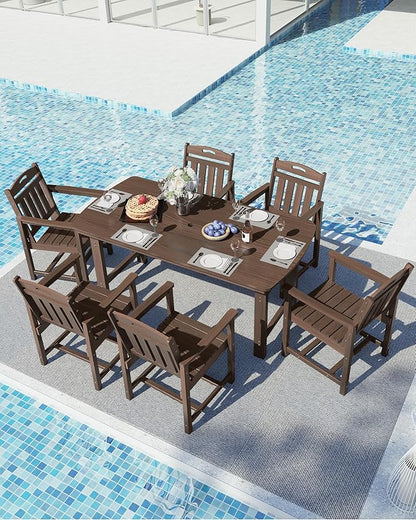 Ciokea HDPE Outdoor Dining Set, 7-Piece Patio Table and Chairs Set with Umbrella Hole, All-Weather Patio Dining Sets for 6, Durable Patio Furniture for Backyard, Garden, Lawn & Poolside, Brown
