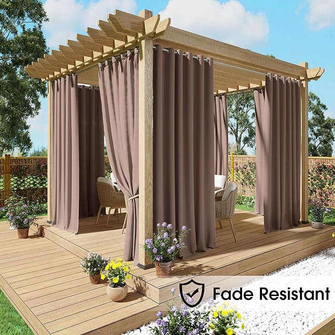 NICETOWN Fade Resistant Outdoor Curtains 2 Panels, Patio Waterproof Drapery Color Fastness Grade 4 Certification, UV Protection Blackout Shades for Porch, Deck, Pergolas, Tan, W52 x L108