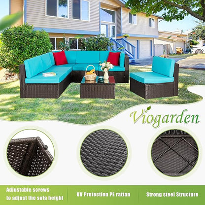 Vongrasig 7 Pieces Outdoor Patio Furniture Sets, Outdoor Sectional Rattan Sofa, PE Manual Weaving Wicker Patio Conversation Set with Cushion, Glass Table, Red Pillow (Blue)