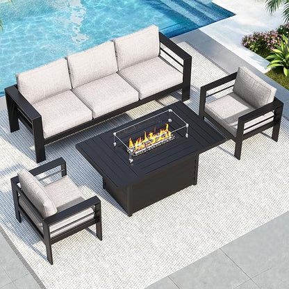 Solaste Aluminum Patio Furniture Set with Fire Pit Table, 4 Piece Metal Outdoor Furniture with Water-Resistant Cushions, Modern Patio Conversation Set for Backyard,Black Frame and Grey Cushion