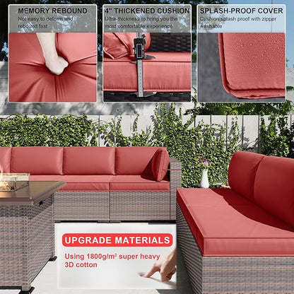 Kullavik 10 Pieces Outdoor Patio Furniture Set with 43" 55000BTU Gas Propane Fire Pit Table PE Wicker Rattan Sectional Sofa Patio Conversation Sets,Red