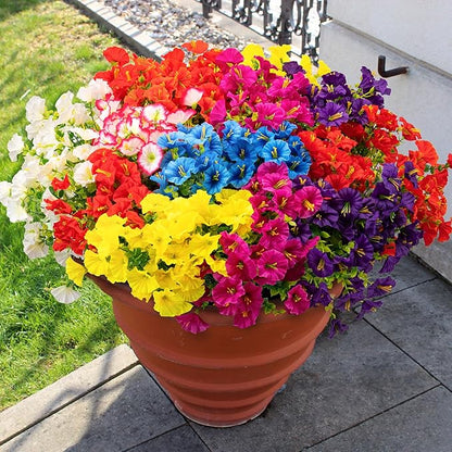 16PCS Artificial Fake Flowers for Outdoors/Indoors, Faux Silk Colorful Morning Glory with Eucalyptus, UV Resistant Realistic Floral Arrangement for Garden Porch Window Box Home Balcony Yard (8 Colors)