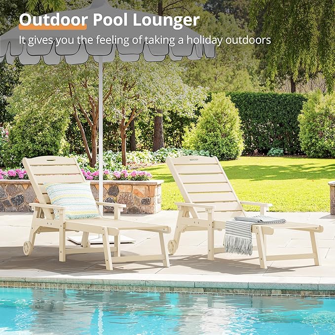 LUE BONA Outdoor Chaise Lounge Chairs Set of 4, HDPS Chaise Lounger, 5 Positions Adjustable Lounge Chairs, Pool Lounge Chair with Wheels for Poolside, Sand