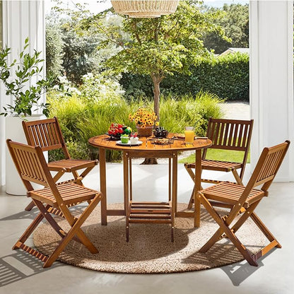 Devoko 5 PCS Patio Furniture, Patio Dining Set Acacia Wood Outdoor Table and Chairs, with 4 Folding Chairs and 37" Round Movable Table, Outdoor Dining Set for Lawn, Balcony, Garden (Light Brown)