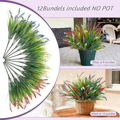 Artificial Faux Plants for Outdoor Spring Decoration, 12 Pcs Fake Monkey Grass for Garden Porch Balcony Planters, Fake Flowers Shrubs UV Resistant No Fade Plants Greenery Bush (Red Blue White)