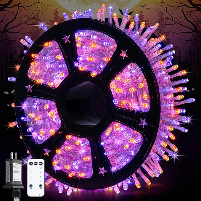 String Lights, 600 LED Orange and Purple with 8 Modes for Halloween