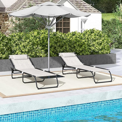 Outsunny Folding Chaise Lounge Chair Set of 2, Patio Sun Tanning Chair, Outdoor Chaise Lounger with 4-Position Reclining Back, Breathable Mesh Seat for Beach, Poolside, Cream