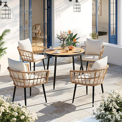 Pamapic 5-Piece Outdoor Dining Set, All-Weather PE Rattan Outdoor Furniture Set with Wood Table Top, Patio Dining Set with Cushion Chairs & Round Table for Garden, Lawn, Patio (Yellow & White)