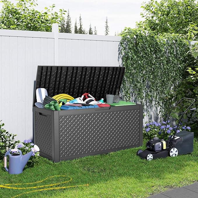 Deck Box, 110 Gallon Resin Lockable Outdoor Storage, Black