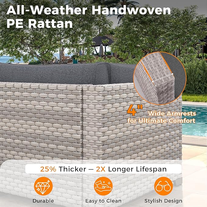 12-Seat Modular Patio Furniture Set – Outdoor Wicker Sectional Sofa with Thick 4″ Cushions, Dual-Strand PE Rattan, Rust-Resistant 18 mm Steel Frame, Backyard Garden Deck Lounge,Black