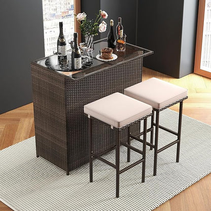 Tangkula 3 Piece Patio Bar Set, Outdoor Rattan Bar Table and 2 Stools with Tempered Glass Tabletop, 2-Tier Storage, Removable Cushions, Outside Wicker Conversation Set