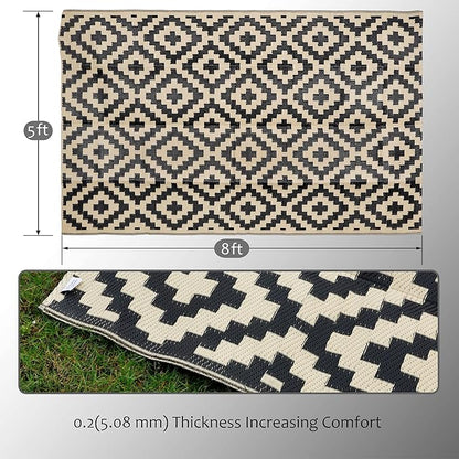 SAND MINE Waterproof Outdoor Rug 5x8 ft, Plastic Reversible Rug, Modern Area Rug, Large Floor Mat for Outdoors, RV, Patio, Backyard, Deck, Picnic, Beach, Camping, Black & Beige