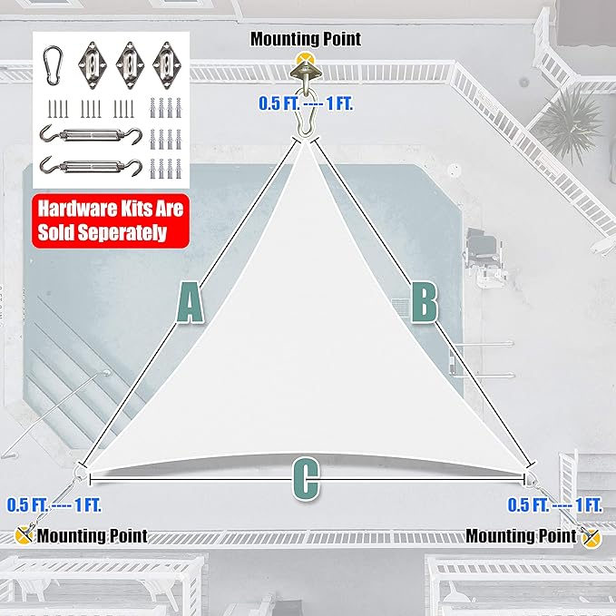 Amgo Custom Size 7' x 7' x 7' White Triangle Sun Shade Sail UPF50+ AGTAPRT12, Order to Make Canopy Awning, 95% UV Blockage, Water & Air Permeable, Commercial Standard (We Customize)