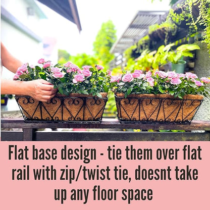 LaLaGreen Wal Planters - 4 Pack, 16 Inch Deck Railing Hanging Basket, Window Flower Boxes Outdoor Black Metal Plant Pot Holder Coco Liner Fence Planter Balcony Garden Patio Porch Farmhouse Boho Decor