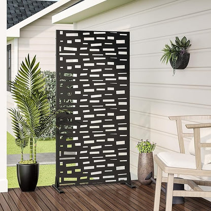 Casaphoria 72" H x 35" W Metal Outdoor Privacy Screen, Freestanding Decorative Divider for Patio, Deck, Balcony, and Garden with Stable Base, Black-Gerald