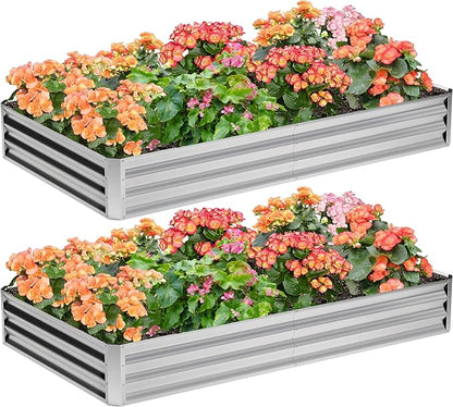 2PCS 8x4x1FT Galvanized Raised Garden Bed,Planter Raised Beds-Metal Garden Box,Large Plant for Outdoor Planting, Vegetables Bed，Flower,herb-Silver