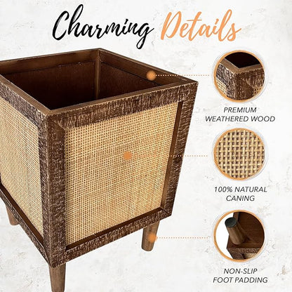 Autumn Alley Rustic Boho Large Indoor Planter - Rattan Planter Boxes Outdoor Set of 2 – Wooden Indoor or Outdoor Plant Box Stands – Decorative Square Woven Rattan Flower Pots for Home & Office