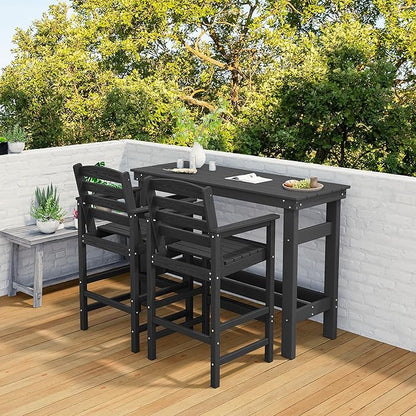 SERWALL Outdoor Bar Set - 2 Adirondack Bar Chairs & Bar Height Table with 1.6" Umbrella Hole, All-Weather HDPE Patio Furniture for Poolside, Backyard, Garden - Black