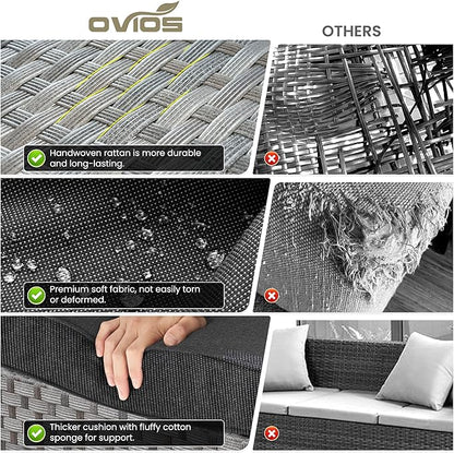 ovios 6 Pieces Patio Furniture Set, Outdoor Wicker Sectional Sofa with Glass Table Comfy Cushions, Modern Modular Deep Seat Couch Rattan Conversation Set, Black