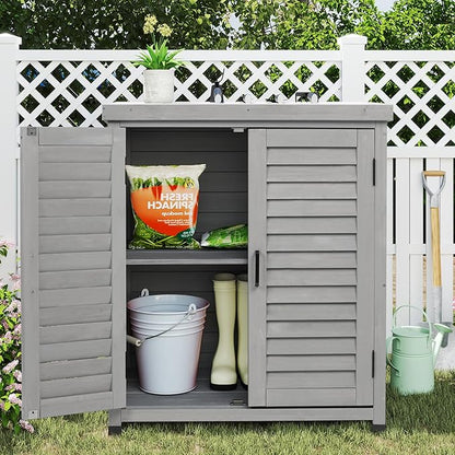 Outdoor Storage Cabinet & Potting Bench Table with Metal Top, Wooden Patio Furniture, Garden Workstation (Accent Grey, 36x31x17in)