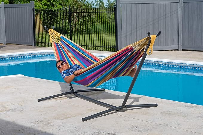 Vivere Double Cotton Hammock with Space Saving Steel Stand, Upgraded Polyester End Strings 450 lb Capacity - Premium Carry Bag Included - (Tropical)