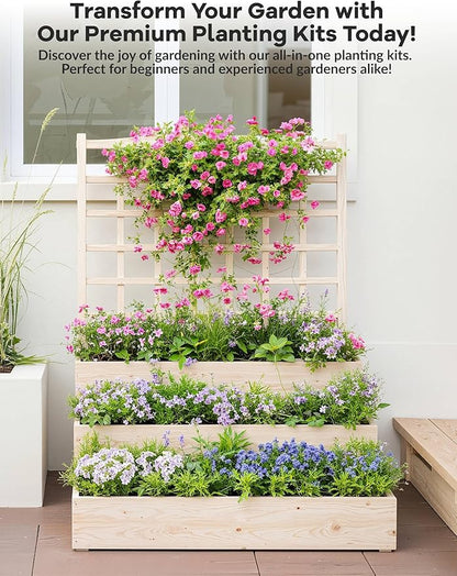 3-Tier Elevated Garden Planter, Wooden Vertical Raised Bed with Trellis & Drainage Base – Ideal for Climbing Plants, Flowers, Herbs, Vegetables – Outdoor Planter Box for Patio, Yard, or Lawn