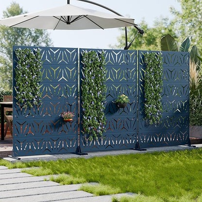Casaphoria Metal Privacy Screen Outdoor, 72" H x 47" W Freestanding Decorative Privacy Screen for Patio Deck Balcony Garden with Stable Base, Blue-Star