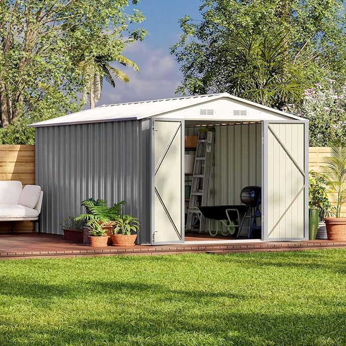 Patiowell 12 x 8 FT Outdoor Storage Shed, Steel Shed Storage House with Design of Lockable Doors, Utility and Tool Storage for Garden, Patio, Backyard, Outside use, Gray