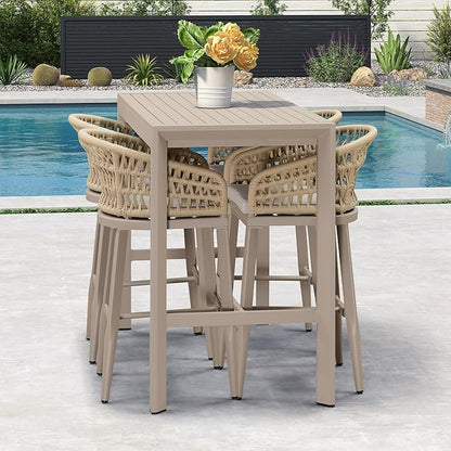 PURPLE LEAF Outdoor Rattan 29" Bar Stools Set of 2, Modern Boho Aluminum Patio Bar Height Chair with Cushion and Back for Outdoor and Indoor, Champagne