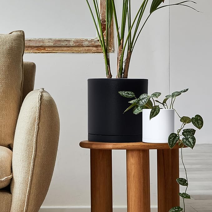 Planter Pots Set of 4, 5 Inch White Matte Plastic with Saucers