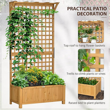 Outsunny Wood Planter with Trellis, Raised Garden Bed for Climbing Plants with Drainage Holes and Roof, 35.5 x 17.75 x 72 Inch, Pack of 2, Yellow