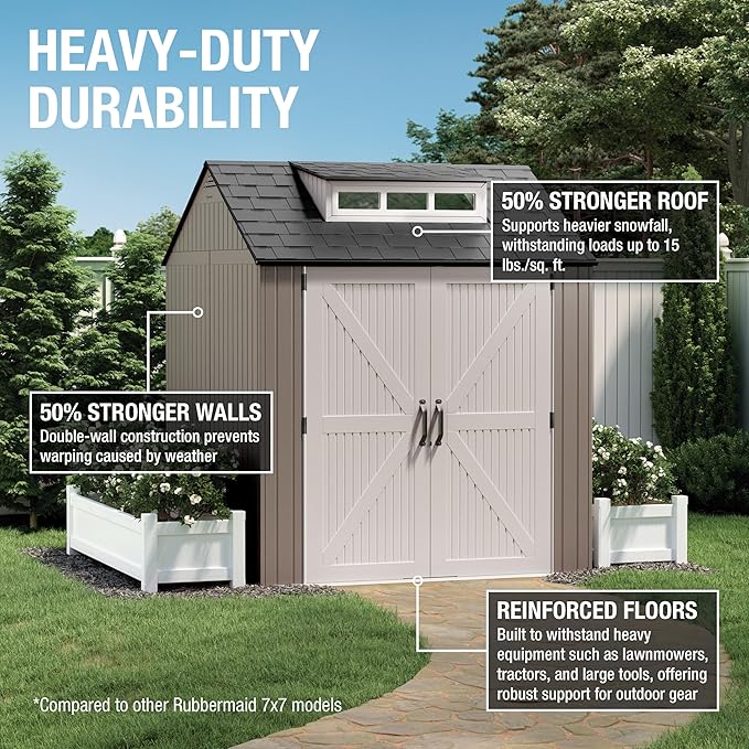 Rubbermaid Large Resin Outdoor Storage Shed With Floor (7 x 7 Ft.), Weather Resistant, Brown, Organization for Home/Lawn Mower/Backyard Equipment/Bike Storage/Pool Supplies