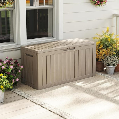 EasyUp 85 Gallon Outdoor Storage Box, Resin Waterproof UV-Resistant Deck Box, Reinforced Stability for Patio, Garden, and Poolside, Striped Gray