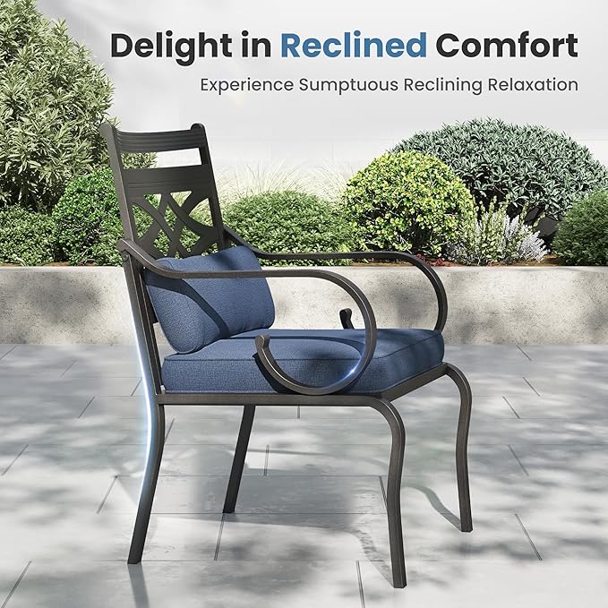 PHI VILLA 5 Pieces Outdoor Dining Set for 4, 37" Square Metal Table with Umbrella Hole & Wrought Iron Chairs, All Weather Large Outside Furniture with Blue Cushions & Pillows for Patio, Deck, Porch