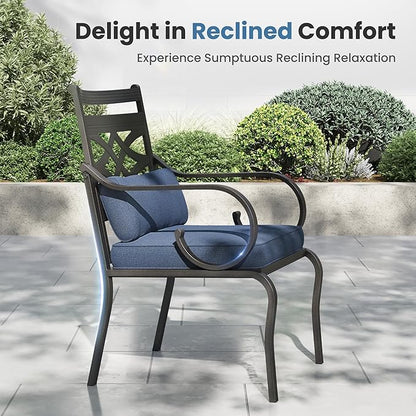 PHI VILLA 5 Pieces Outdoor Dining Set for 4, 37" Square Metal Table with Umbrella Hole & Wrought Iron Chairs, All Weather Large Outside Furniture with Blue Cushions & Pillows for Patio, Deck, Porch