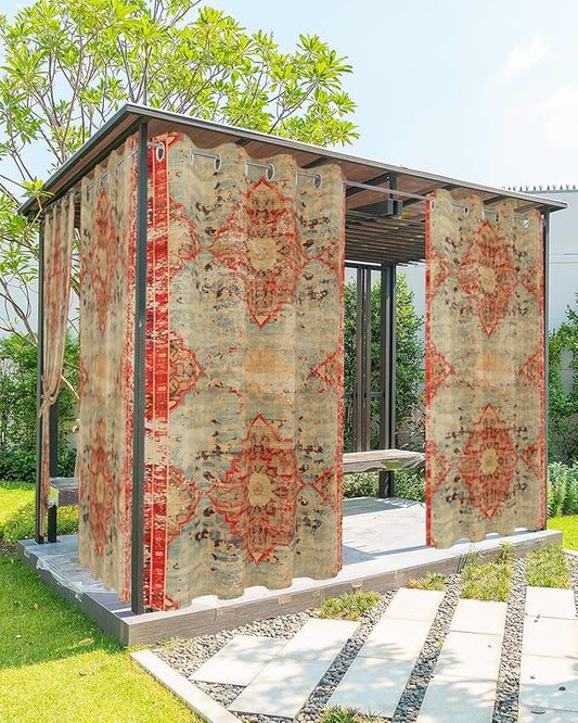 Boho Outdoor Curtains for Patio Waterproof, Grommet Privacy Curtain Drapes Weatherproof Outside Curtains for Porch GazeboPergola Cabana 2 Panel 54x108inch Rustic Bohemian Floral Tribal Orange