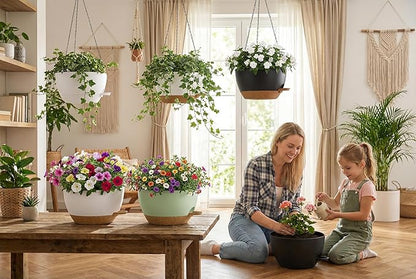 Hanging Planters, 3-Pack 10 Inch Self-Watering Pots with Drainage Holes and Chains, Matte Plastic Planters for Indoor/Outdoor Plant（Green Brown）