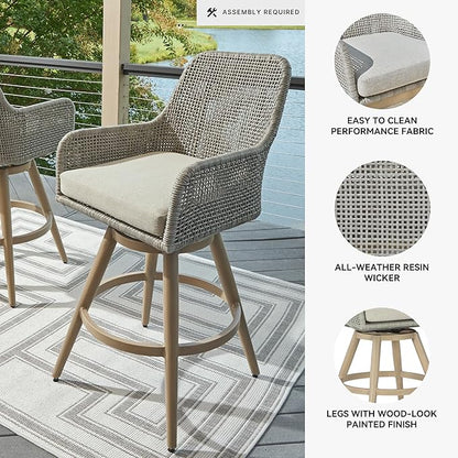Signature Design by Ashley Seton Creek Casual Weather Resistant 360-Degree Swivel 31.75" Outdoor Bar Height StainlessBar Stool with Cushion, Set of 2, Beige & Light Gray