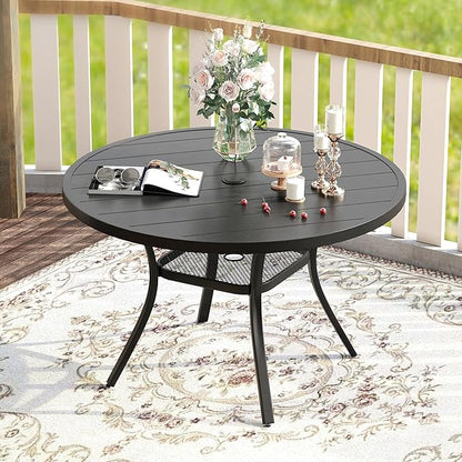 VICLLAX Patio Dining Set for 6, Outdoor Furniture Set Includes 47.2" Round Patio Table and 6 Patio Sling Chairs, Black Tabletop and Brown Fabric