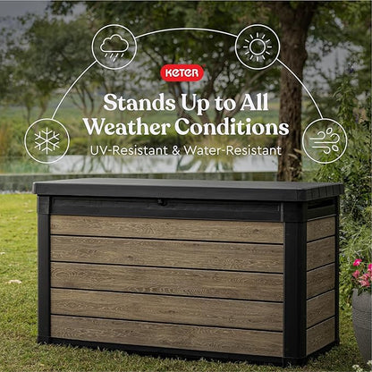 Keter Ashwood 100 Gallon Resin Deck Box Organization and Storage for Patio Furniture Outdoor Cushions, Throw Pillows, Garden Tools and Pool Toys, Brown