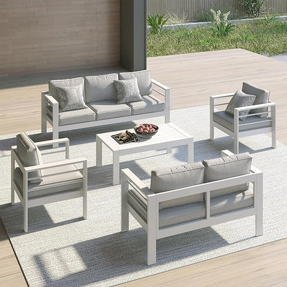 All-Weather Aluminum Outdoor Coffee Table, Modern Coffee Table for Outside, Rectangle Patio Coffee Table for Balcony Garden, White