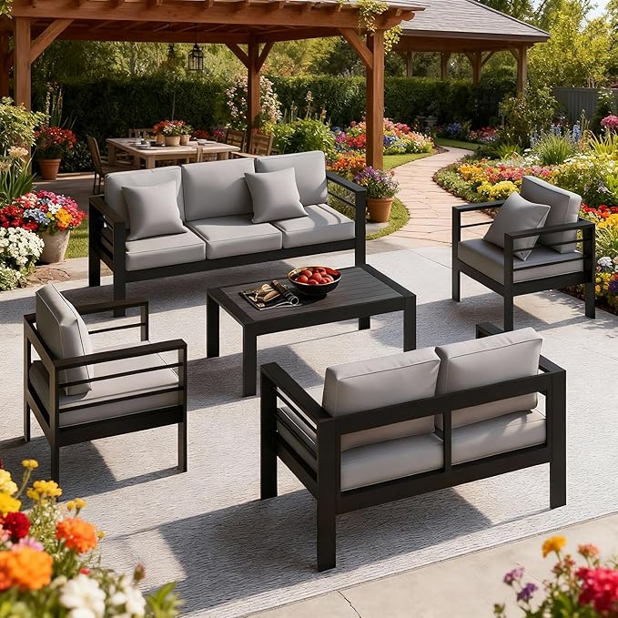 All-Weather Aluminum Outdoor Coffee Table, Modern Coffee Table for Outside, Rectangle Patio Coffee Table for Balcony Garden, Black