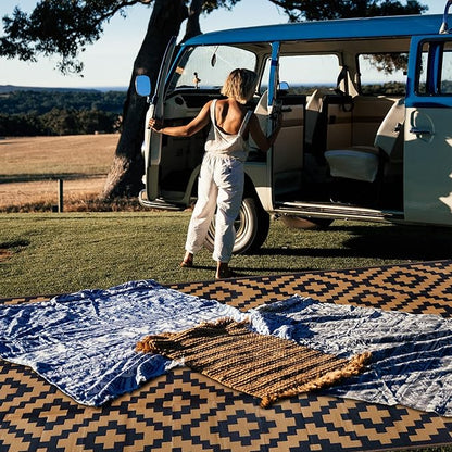SAND MINE Reversible Mats, Plastic Straw Rug, Modern Area Rug, Large Floor Mat and Rug for Outdoors, RV, Patio, Backyard, Deck, Picnic, Beach, Trailer, Camping, Black & Brown, 9' x 18'